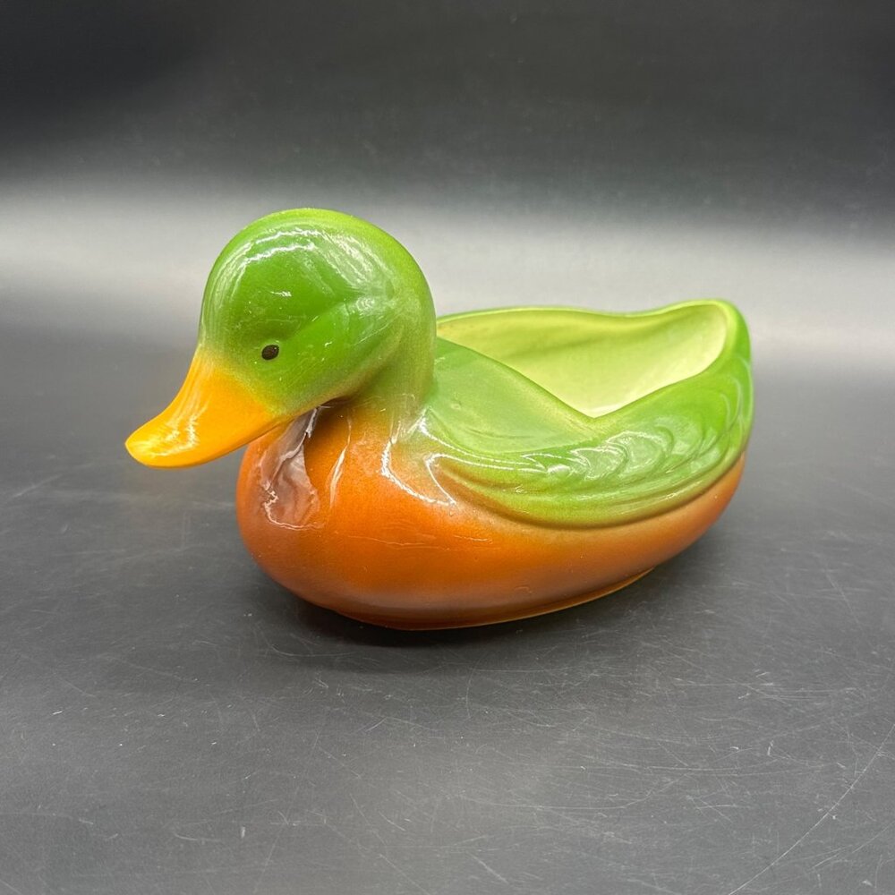 Vintage Duck Planter Catch All Caddy Green Brown Lodge Cabin Decor Ceramic Retro